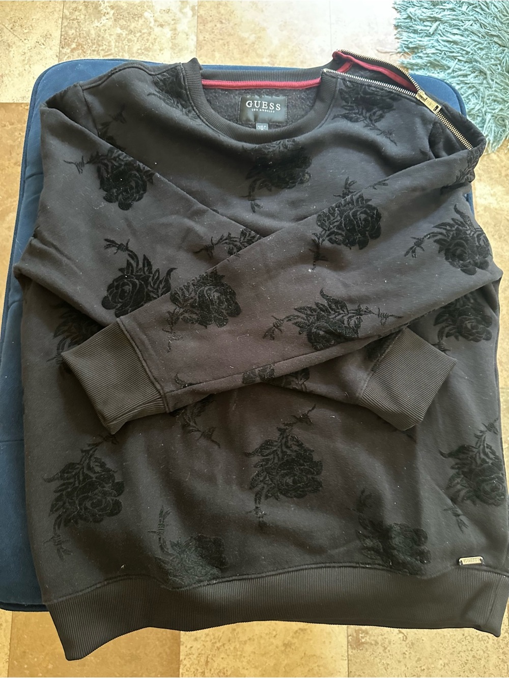 Guess Black and Burgundy Trim Logo Crewneck